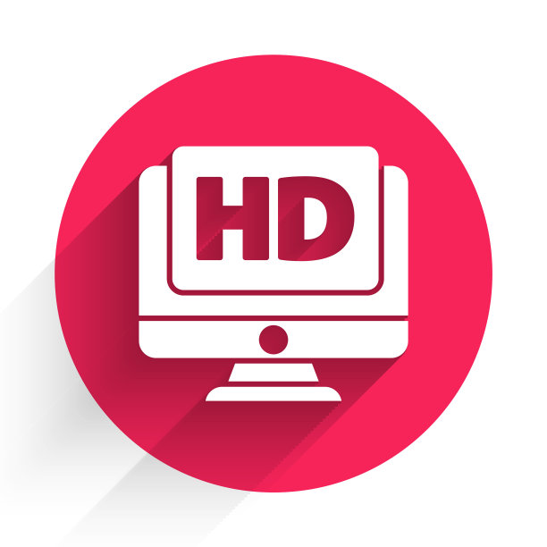 白色电脑PC显示器显示与高清视频技术图标隔离与长阴影。红色圆圈按钮。矢量图图片下载