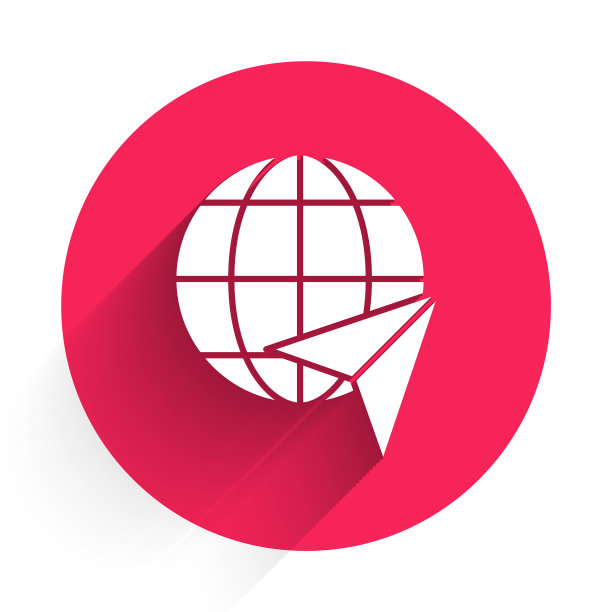 白色的地球与飞行的飞机图标隔离与长影子。飞机绕地球飞行。飞机世界的图标。红色圆圈按钮。矢量图图片下载