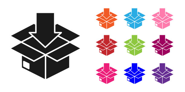 黑色纸板箱与交通标志图标孤立在白色背景。盒、包、包裹。交付、运输和运输。设置图标丰富多彩。矢量图图片下载