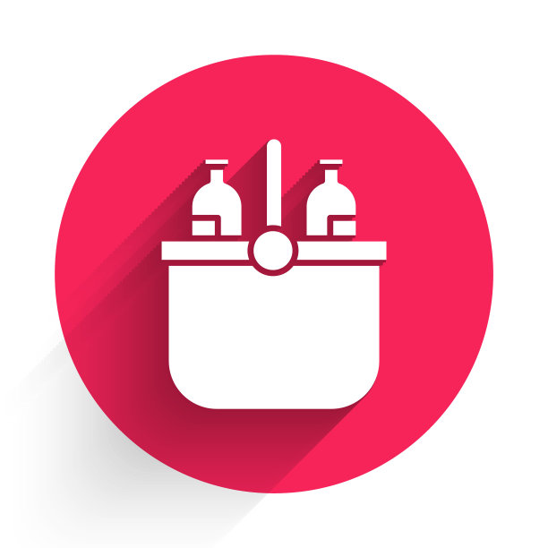 白色冷却器包和水图标隔离与长阴影。便携式冷冻袋。手持冰箱。红色圆圈按钮。矢量图图片下载