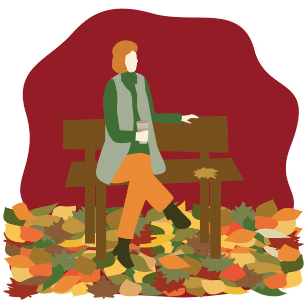 一个女人坐在秋天公园的长椅上。矢量插图。图片下载