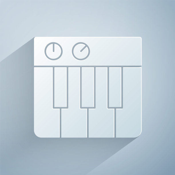 剪纸音乐合成器图标孤立在灰色背景。电子钢琴。纸艺术风格。向量图片下载