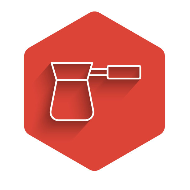 白线咖啡土耳其图标孤立与长影子。红色的六角按钮。向量图片下载