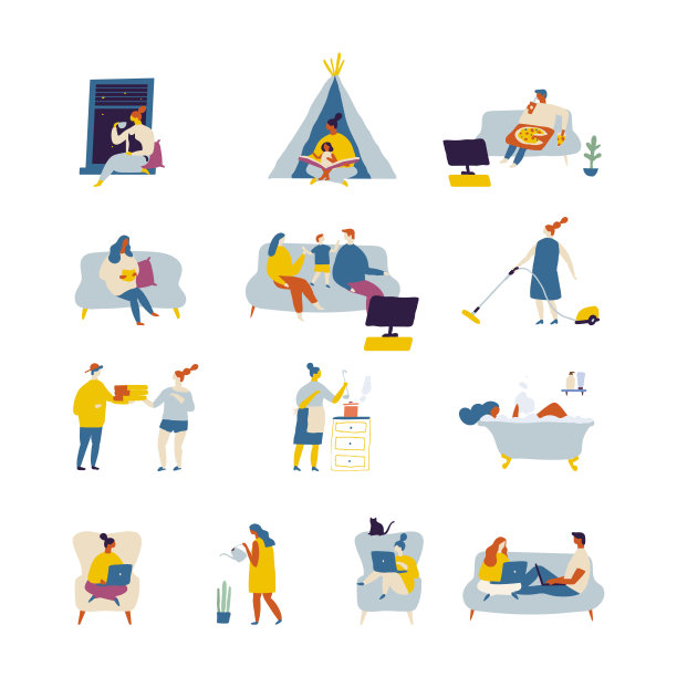 人们花时间在家平面矢量插图。在家放松，休闲时光图片下载