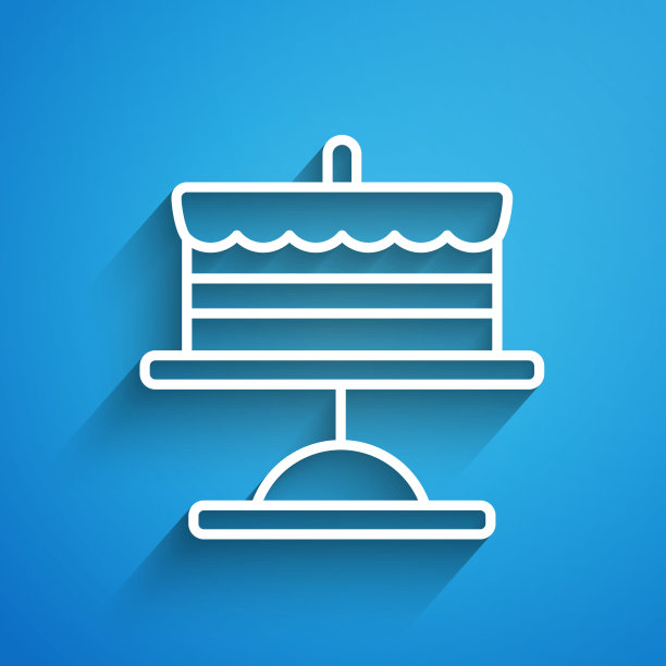 白线蛋糕在盘子图标孤立在蓝色背景。生日快乐。长长的阴影。向量图片下载