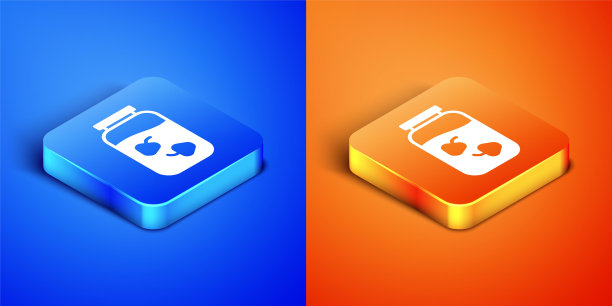 等距草莓果酱罐图标孤立在蓝色和橙色的背景。方形按钮。向量图片下载