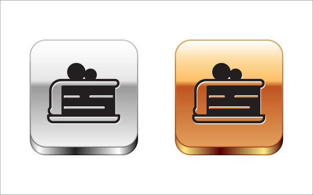 黑色块蛋糕图标孤立在白色背景。生日快乐。金银平方按钮。向量图片下载