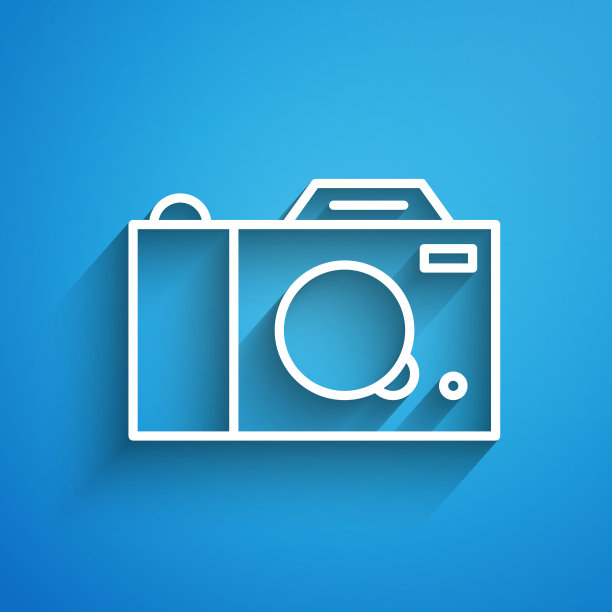 白线照片相机图标孤立在蓝色背景上。与相机图标。长长的阴影。向量图片下载