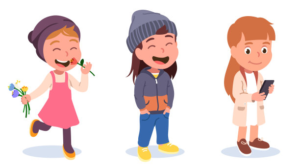 秋季和春季儿童户外服装时尚风格。女孩喜欢散步，使用手机和闻花。快乐的孩子们玩得开心。可爱的儿童卡通人物设置。平面向量插图图片下载