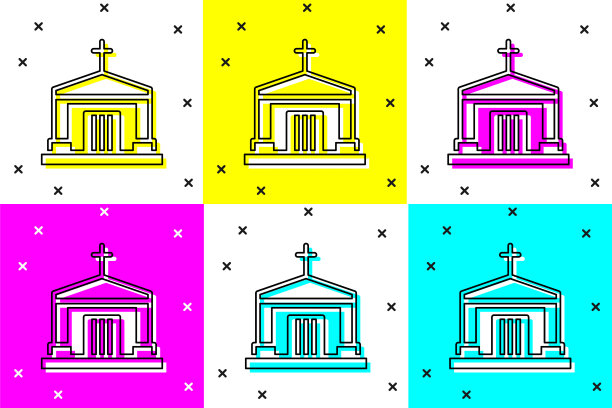 设置旧地窖图标孤立的颜色背景。墓地的象征。埋葬死者的骨瓮或地窖向量图片下载