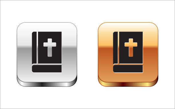 黑色神圣的圣经书图标孤立在白色的背景。金银平方按钮。向量图片下载