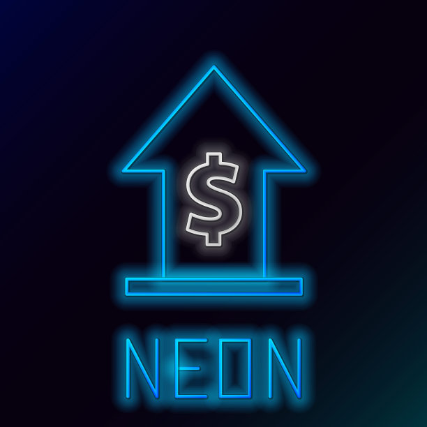 发光的霓虹灯线金融增长和硬币图标孤立在黑色背景。增加收入。色彩斑斓的轮廓的概念。向量图片下载