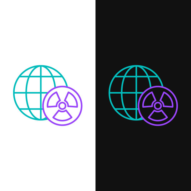 线行星地球和辐射符号图标孤立在白色和黑色背景。环境的概念。色彩斑斓的轮廓的概念。向量图片下载