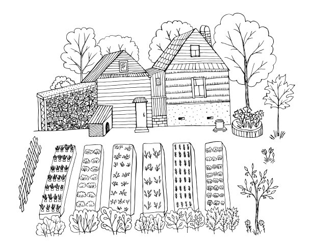 矢量插图的一个村庄的房子。手工绘制的床上有蔬菜，果树。在白色背景上孤立的元素。农业种植，蔬菜种植，园艺。图片下载