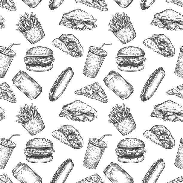 快餐无缝模式。手绘披萨，汉堡和薯条，热狗，汉堡包和可乐快餐菜单墙纸矢量纹理图片下载