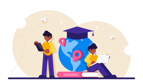 全球教育理念。男孩站在书和地球仪前戴着帽子。出国留学，国际学生交换计划。现代平面插图。图片下载