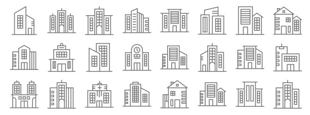 建筑图标。线性集。质量矢量线集如建筑、建筑、建筑、图片下载