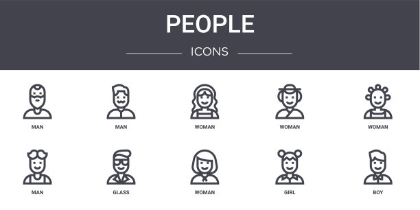 人概念线图标集。包含可用于web，徽标，ui/ux的图标，如男人，女人，男人，女人，女孩，男孩，女人，图片下载