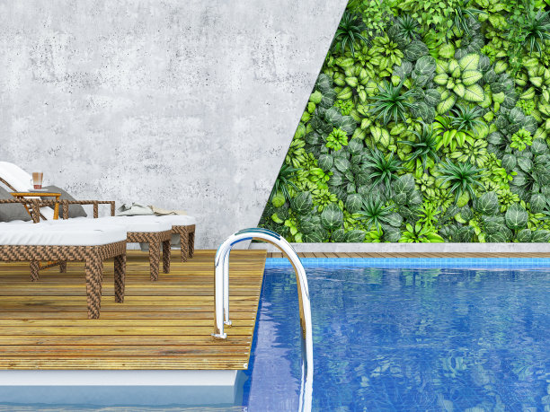 室内池畔绿色植物覆盖墙图片下载