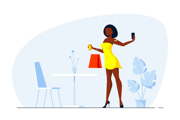 年轻黑人女子自拍，平面风格矢量。图片下载