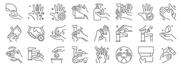 洗手线图标。线性集。质量矢量线集如洗手手、洗手手、洗手水龙头、洗手水、图片下载