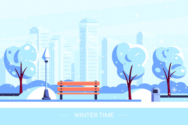 长凳在冬季城市公园，平面风格向量图片下载