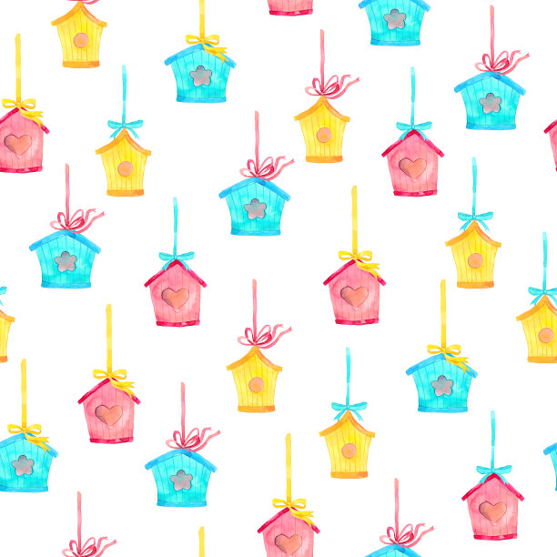 无缝水彩图案可爱的鸟屋。卡通鸟屋为你的设计。手绘插图孤立在白色背景图片下载