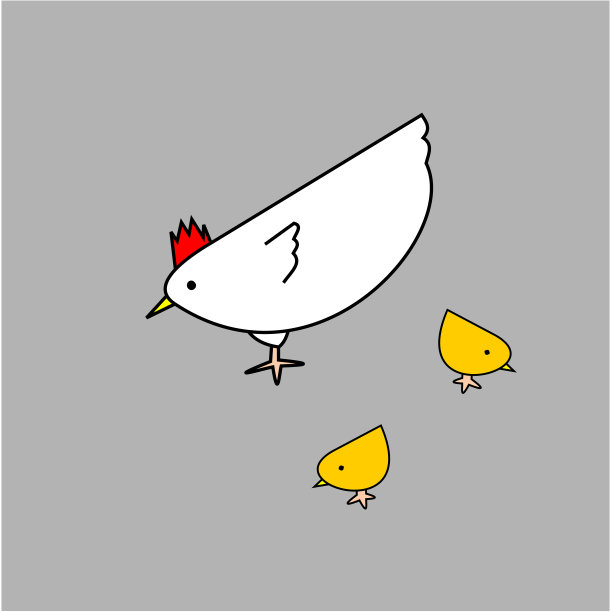 灰色背景上的白色母鸡和两只黄色小鸡正在啄食图片下载