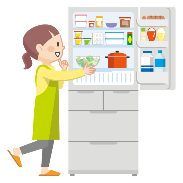 一个年轻的家庭主妇打开冰箱的插图图片下载