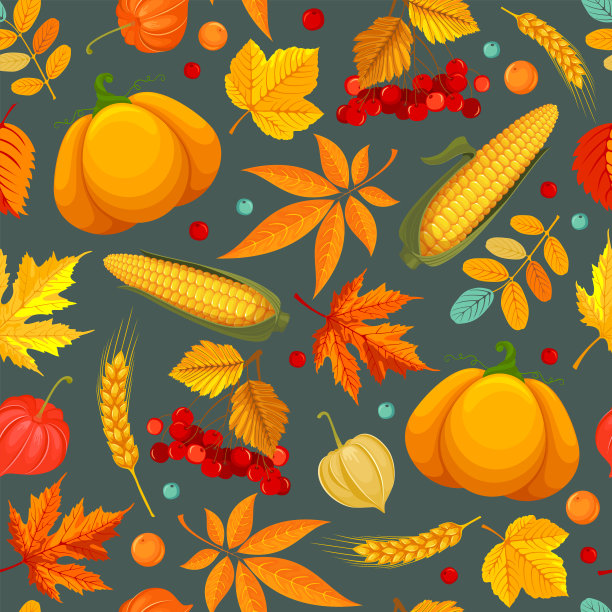 无缝图案的秋叶，南瓜，玉米和花图片下载