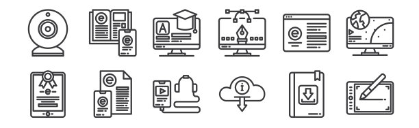 12套线性电子学习图标。薄轮廓图标，如平板电脑，云，在线学习，电子学习，电子学习，网络电子书，移动。图片下载