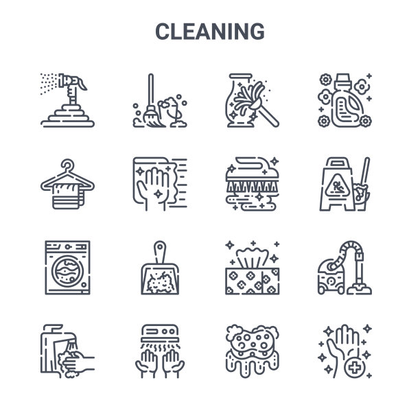 一组16清洁概念向量线图标。64x64薄笔画拖把、衣架、湿地板、纸巾、干手器、卫生用品、海绵、刷子、软膏等图标图片下载