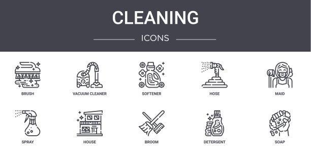 清洁概念线图标集。包含图标，可用于web，徽标，ui/ux，如吸尘器，软管，喷雾，扫把，洗涤剂，肥皂，女佣，软化剂图片下载
