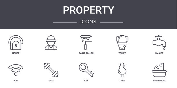 属性概念行图标集。包含图标，可用于web, logo, ui/ux，如，厕所，wifi，钥匙，树，浴室，水龙头，油漆滚筒图片下载