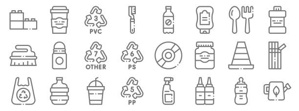 塑料产品系列图标。线性集。品质矢量线集如喷壶、番茄酱、回收站、塑料袋、圆锥形、回收站、嘴、汽水瓶、咖啡杯等图片下载