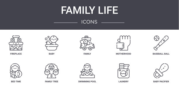 家庭生活概念线图标集。包含图标可用的web，徽标，用户界面/用户体验，如婴儿，母亲，睡觉时间，游泳池，洗衣，婴儿奶嘴，棒球，家庭图片下载