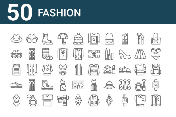 一套50个时尚偶像。轮廓细线图标，如衬衫，泳衣，鞋子，背包，太阳镜，太阳镜，毛衣，衬衫，衬衫，连衣裙图片下载