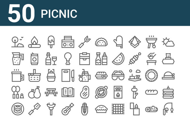 一套50个野餐图标。轮廓细线图标，如鱼竿，香肠，羽毛球，杯子，果汁，火，热狗，墨西哥卷，生态燃料，烤肉图片下载