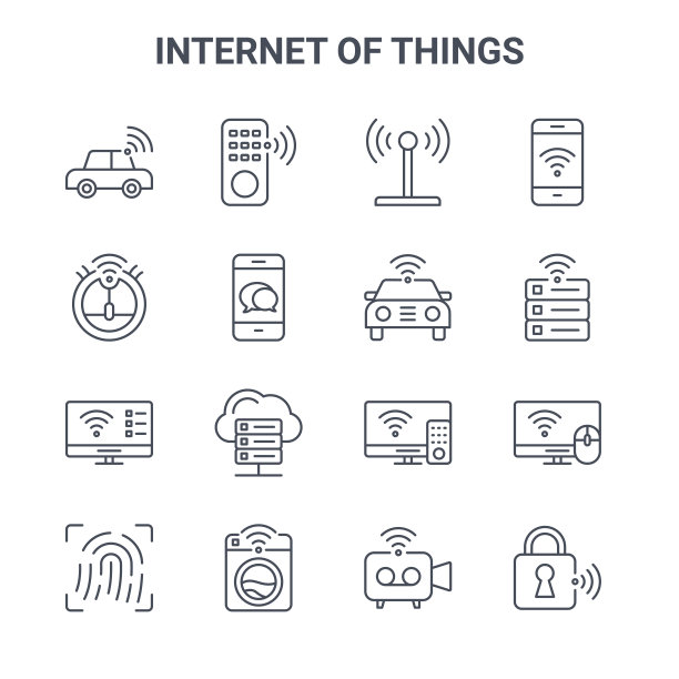 一套16物联网概念向量线图标。遥控器、机器人吸尘器、数据库、智能电视、智能洗衣机、锁、摄像头、汽车、图片下载