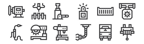 12套线性制造图标。细长轮廓图标，如绞车，机械手，锯机，集装箱，液压千斤顶，制造为网页，移动。图片下载