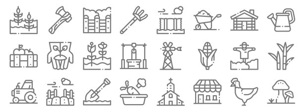 在村线图标。线性集。质量矢量线集如蘑菇，商店，蔬菜，拖拉机，稻草人，花，喷壶，捆，斧头图片下载