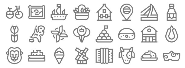 荷兰一行图标。线性集。质量矢量线集如木屐，奶牛，风车，狮子，谷仓，风车，啤酒，房子，油漆图片下载