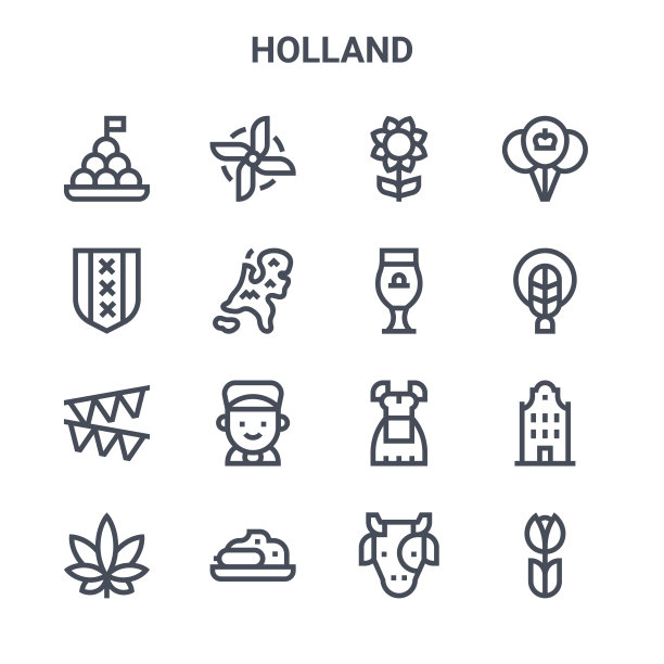一组16荷兰概念向量线图标。风车、阿姆斯特丹、辫子、服装、邮票、郁金香、奶牛、啤酒、气球等图标图片下载