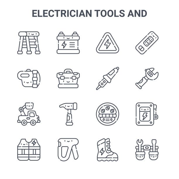 一组16电工工具和概念矢量线图标。64x64细行程图标，如充电电池，手电筒，扳手，瓦特，订书机，工具带，靴子，烙铁，插座图片下载