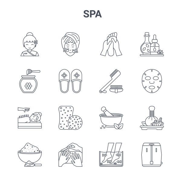 一套16水疗概念矢量线图标。64x64细描面部护理、蜂蜜罐、面膜、砂浆、修甲、桑拿、修脚、刷、精油等图标图片下载