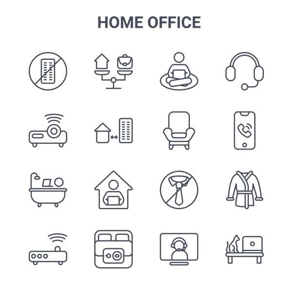 一套16个家庭办公概念矢量线图标。平衡、投影仪、电话、领带、早餐、笔记本电脑、视频通话、扶手椅、耳机等图标图片下载