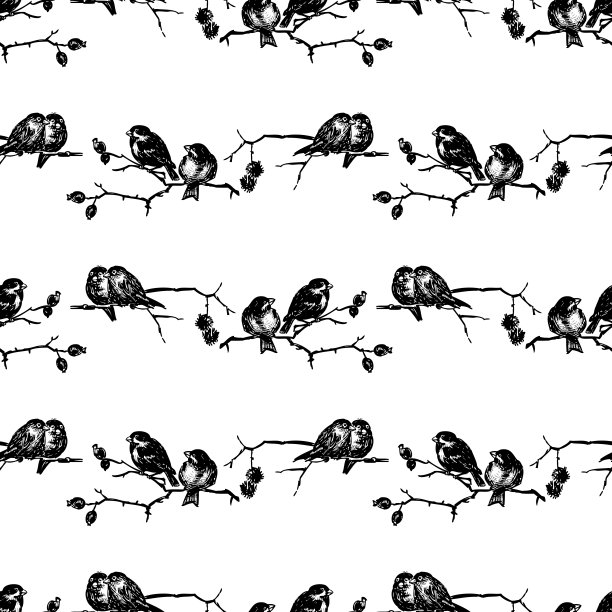 无缝图案的鸟类坐在树枝上在冬天的一天图片下载