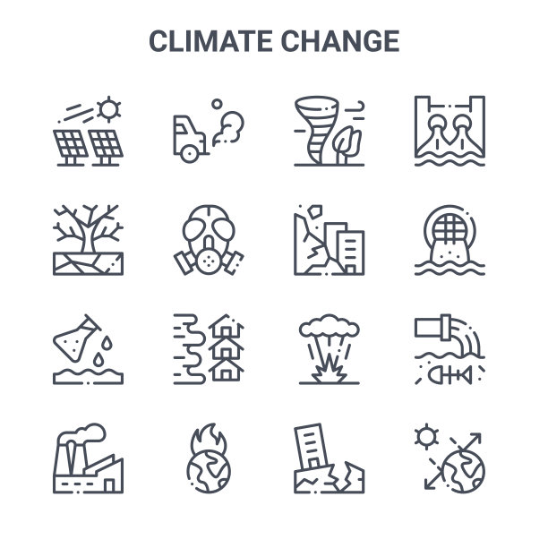 16个气候变化概念矢量线条图标：汽车、干旱、城市、爆炸、全球变暖、太阳能、地震、滑坡、水力发电等图片下载