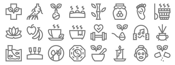 替代医学线图标。线性集。质量矢量线集丸、蜡烛、阴阳、鱼、音乐疗法、凉茶、温泉、竹、人参等图片下载