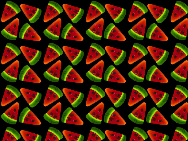 西瓜片在黑色背景上的无缝图案。打印织物。图片下载